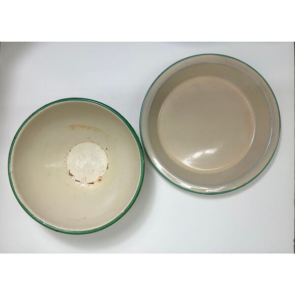 Cream And Green Emamelware, Pie Plate + Mixing Bowl Set Midcentury Farm Kitchen - Picture 3 of 8